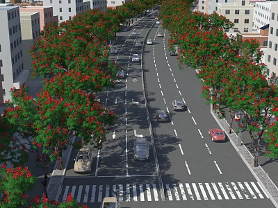 Urban Commercial Street Landscape With Red Flower Trees And Moving Vehicles 3d model