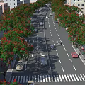 Urban Commercial Street Landscape With Red Flower Trees And Moving Vehicles
