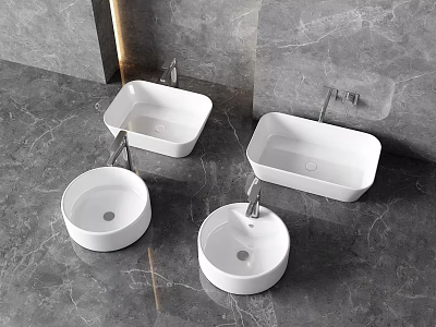 Three White Modern Bathroom Sinks With Square And Round Shapes On Marble Countertop 3d model