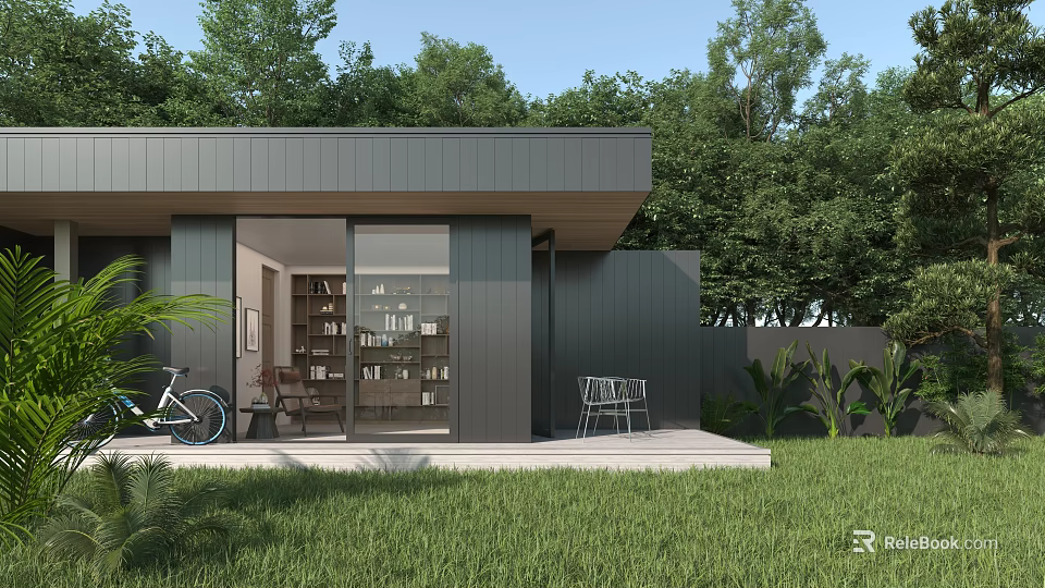 Modern Garden Landscape Featuring Modern Building Large Glass Windows Patio Chairs Green Lawn and Trees 3d model 