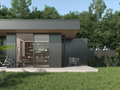 Modern Garden Landscape Featuring Modern Building Large Glass Windows Patio Chairs Green Lawn and Trees 3d model