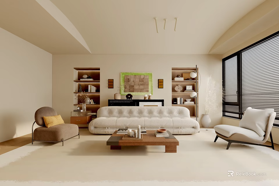 Modern Living Room With Beige Sofa Armchairs Coffee Table Bookshelves Decorative Painting And Window Blinds 3d model 
