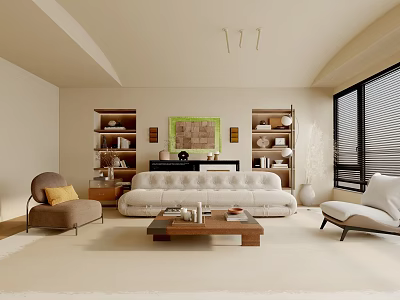 Modern Living Room With Beige Sofa Armchairs Coffee Table Bookshelves Decorative Painting And Window Blinds 3d model