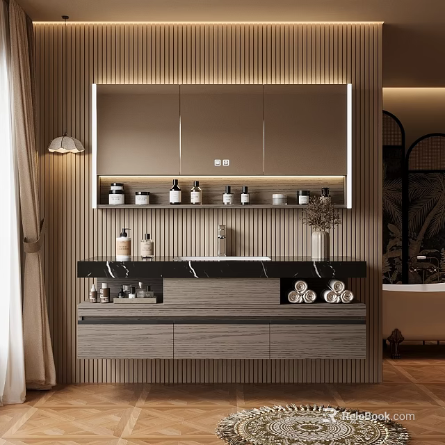 Modern Bathroom Vanity with Mirror Storage Cabinets Top Toiletries and Rolled Towels 3d model 