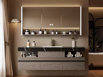 Modern Bathroom Vanity with Mirror Storage Cabinets Top Toiletries and Rolled Towels 3d model