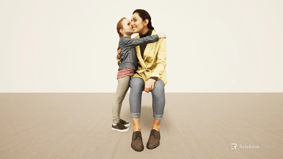 Affectionate Woman and Boy Hugging in Light Room With Carpeted Floor 3d model 