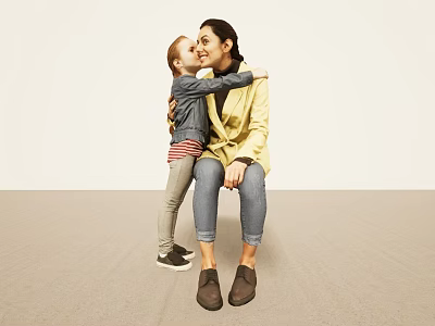 Affectionate Woman and Boy Hugging in Light Room With Carpeted Floor 3d model