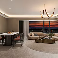 Modern Living Dining Room Interior With Chandelier Marble Wall Dining Table And Sofa