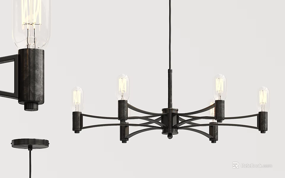 Modern Black Metal Chandelier With Cross Frame Design And Clear Glass Bulbs 3d model 