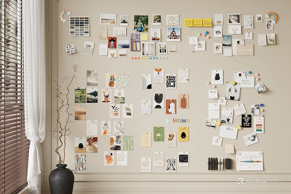 Photo Wall with Various Photos Cards Notes Different Sizes Styles Black Vase Window Warm Vibe 3d model 