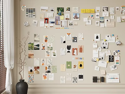 Photo Wall with Various Photos Cards Notes Different Sizes Styles Black Vase Window Warm Vibe 3d model