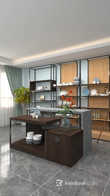 Wooden And Metal Display Shelves With Plates Cups Vase And Plant In Modern Interior 3d model 