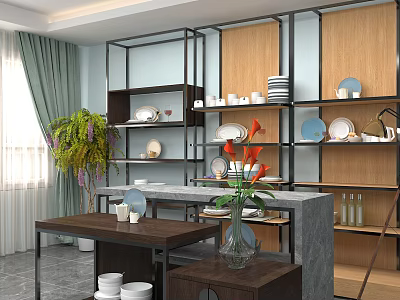 Wooden And Metal Display Shelves With Plates Cups Vase And Plant In Modern Interior 3d model
