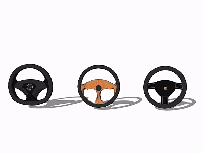 Three Different Steering Wheels With Black And Wooden Design Features 3d model