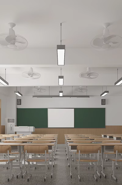 Bright School Classroom Interior With Desks Chairs Ceiling Fans Lights Blackboard And Windows 3d model