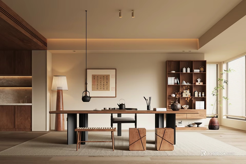 Serene Traditional Tea Room With Wooden Table Calligraphy Art Tea Sets And Bookshelf 3d model 