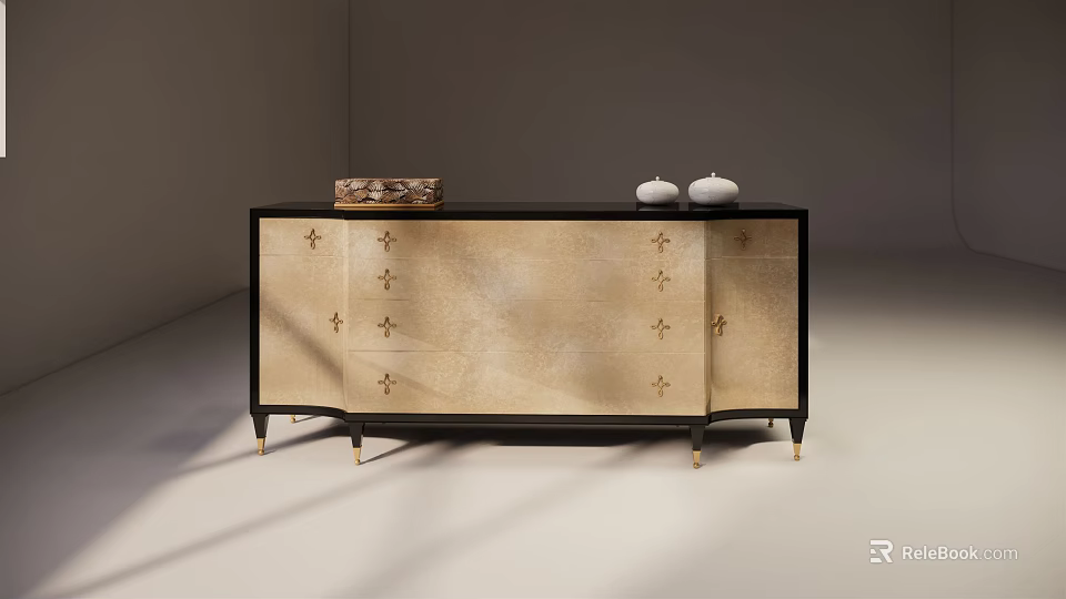 Elegant Entryway Side Cabinet with Beige Body Black Frame Golden Patterns and Decorative Vases 3d model 