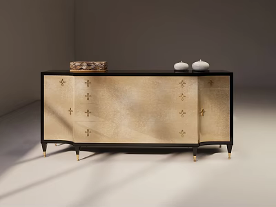 Elegant Entryway Side Cabinet with Beige Body Black Frame Golden Patterns and Decorative Vases 3d model