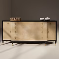 Elegant Entryway Side Cabinet with Beige Body Black Frame Golden Patterns and Decorative Vases