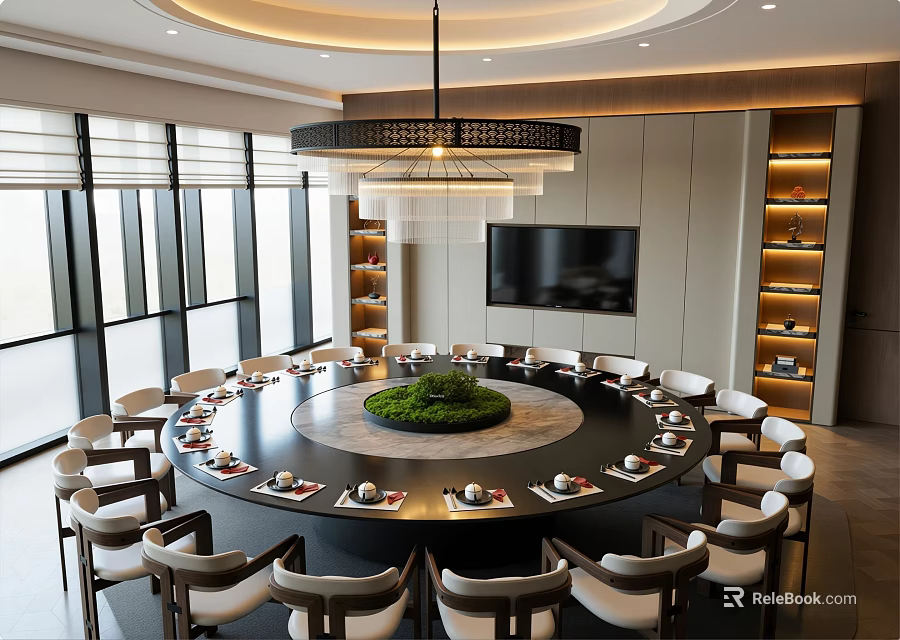 Elegant Banquet Hall Interior Featuring Round Dining Table Chandelier Green Plant Centerpiece And TV Screen 3d model 