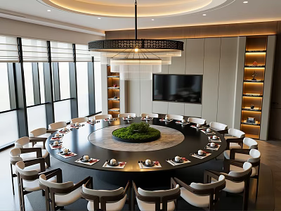 Elegant Banquet Hall Interior Featuring Round Dining Table Chandelier Green Plant Centerpiece And TV Screen 3d model