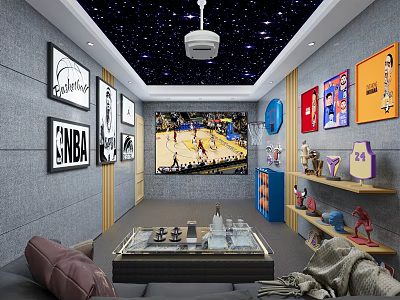 Basketball Themed Home Theater Starry Ceiling Projector NBA Decor Player Posters 24 Jersey Cozy Sofa 3d model
