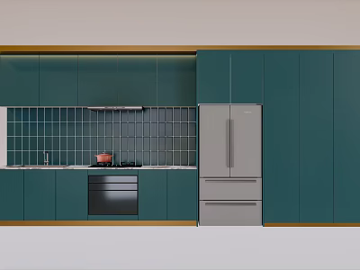 Modern Kitchen With Green Cabinets Tiled Backsplash Range Hood Stove And Refrigerator 3d model