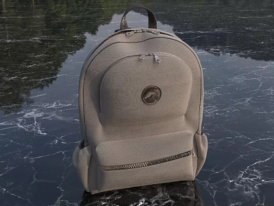 Light Gray Fabric Backpack With Round Logo And Zipper On Marble Surface 3d model