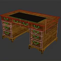 Vintage Wooden Office Desk With Multiple Drawers Metal Handles Carved Legs And Black Desktop Pad