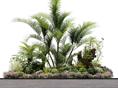 Lush Garden Shrubs With Palm Trees And Purple Flowers On Wooden Floor 3d model