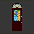 Red Arched Front Door with Colorful Stained Glass Panel Vibrant Blue Green Yellow Patterns