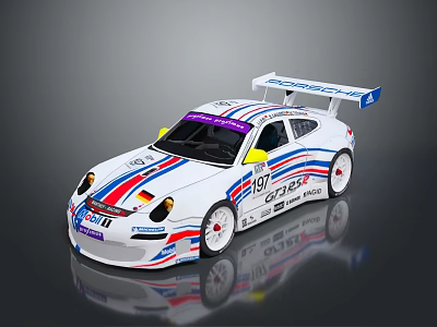 White Porsche 911 Racing Car With Red Blue Stripes Rear Wing And Coastal Sponsor Logos 3d model