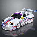 White Porsche 911 Racing Car With Red Blue Stripes Rear Wing And Coastal Sponsor Logos