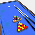 Billiard Table Sports Equipment With Blue Felt Surface Billiard Balls And Wooden Cues On Frame