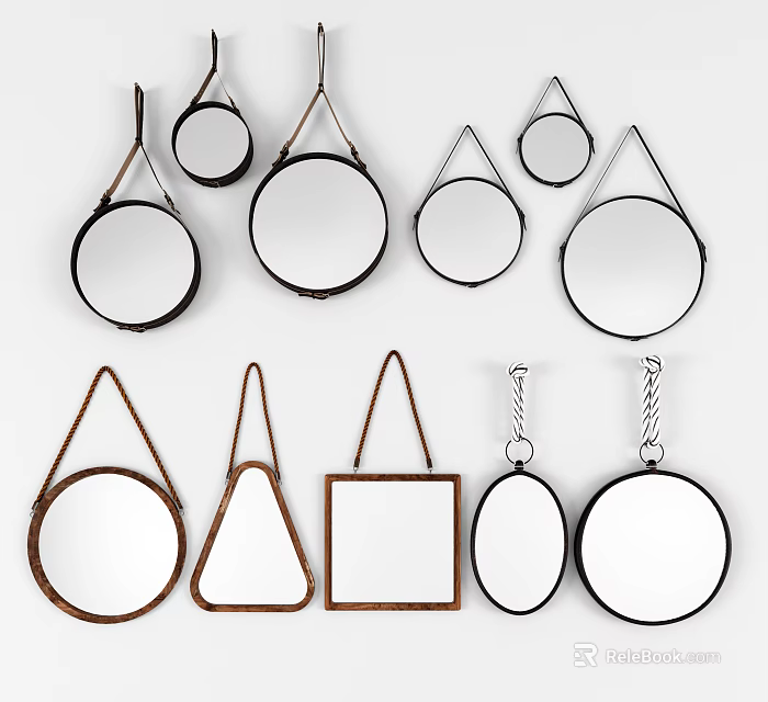 Assorted Shaped Hanging Mirrors with Round Triangular Square Frames and Metal Chains 3d model 