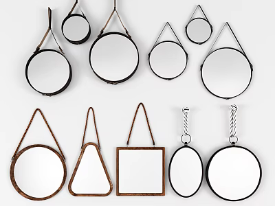 Assorted Shaped Hanging Mirrors with Round Triangular Square Frames and Metal Chains 3d model