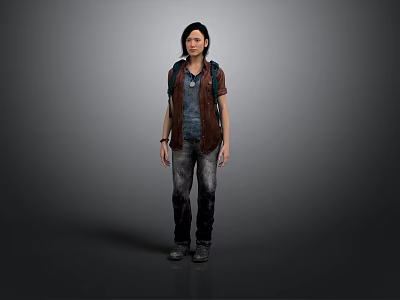 Child Wearing Brown Vest Blue T Shirt Ripped Jeans Boots With Backpack Against Grey Background 3d model