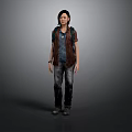 Child Wearing Brown Vest Blue T Shirt Ripped Jeans Boots With Backpack Against Grey Background