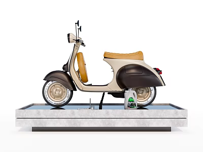 Vintage Brown And Beige Scooter With Tan Seat And Silver Wheels On Display Stand 3d model