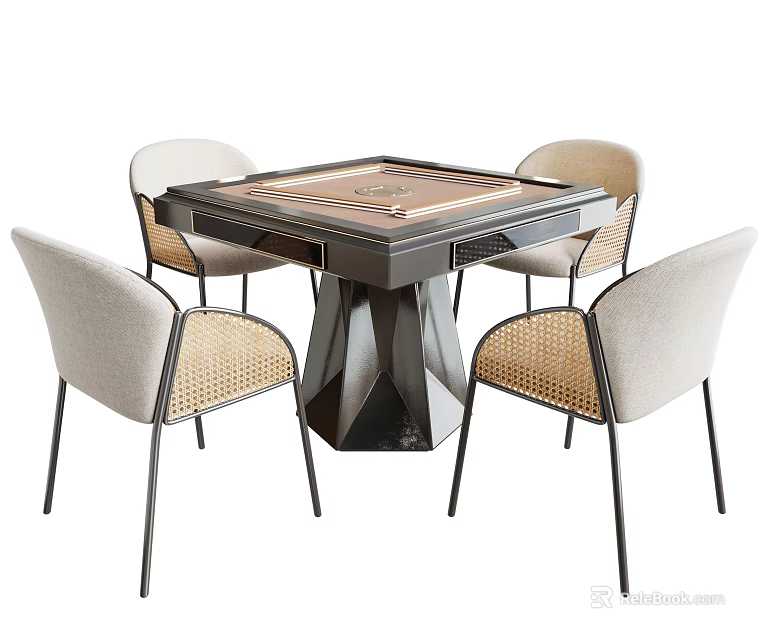 Square Entertainment Table With Chessboard Top And Four Light Upholstered Chairs With Black Metal Legs 3d model 