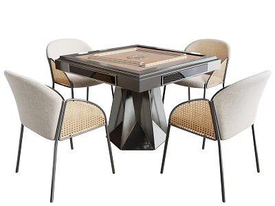 Square Entertainment Table With Chessboard Top And Four Light Upholstered Chairs With Black Metal Legs 3d model