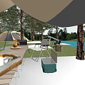 Serene Garden Landscape With Tent Tables Chairs Green Grass And Trees