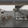 Modern Restaurant Interior With Dining Tables Chairs Staircase And Decorative Ornaments