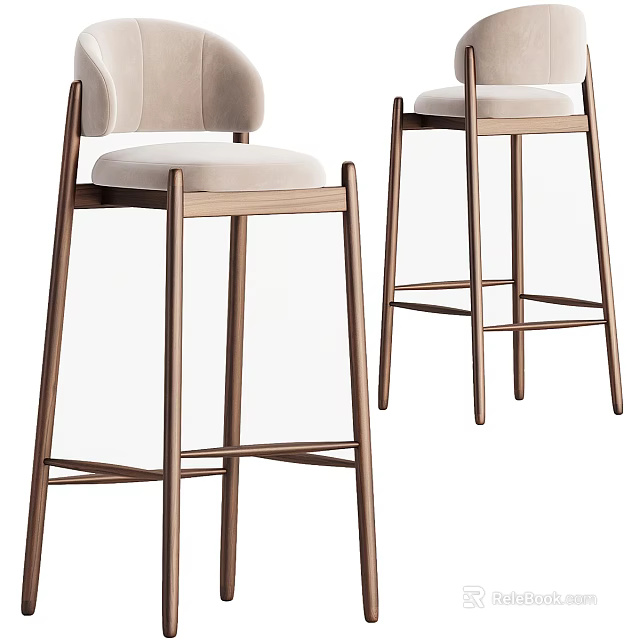 Modern Bar Stools With Wooden Frame And Beige Upholstered Seats 3d model 
