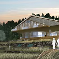 Wooden House With Large Windows And Wooden Exterior Surrounded By Trees In Sunset Sky