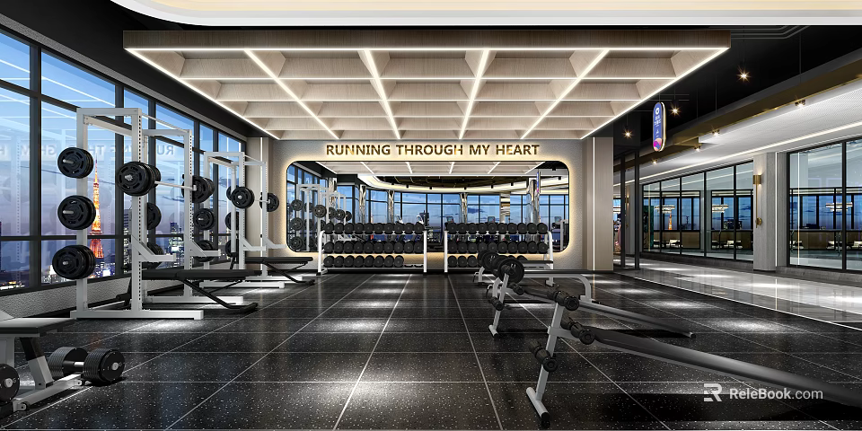 Modern Fitness Gym Interior Featuring Running Through My Heart Banner Workout Equipment And Large Windows 3d model 