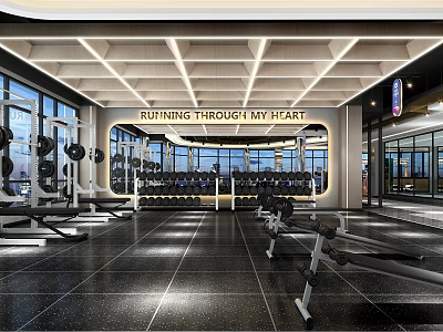 Modern Fitness Gym Interior Featuring Running Through My Heart Banner Workout Equipment And Large Windows 3d model