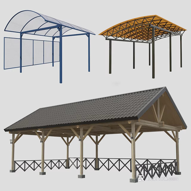 Various Outdoor Canopies And Pavilions With Transparent Mesh Yellow And Gray Roof Designs 3d model 
