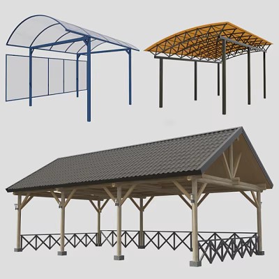 Various Outdoor Canopies And Pavilions With Transparent Mesh Yellow And Gray Roof Designs 3d model