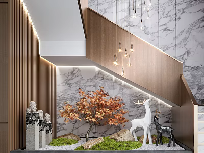 Garden Ornaments With Orange Maple Tree Deer Statues Moss And Wooden Staircase 3d model